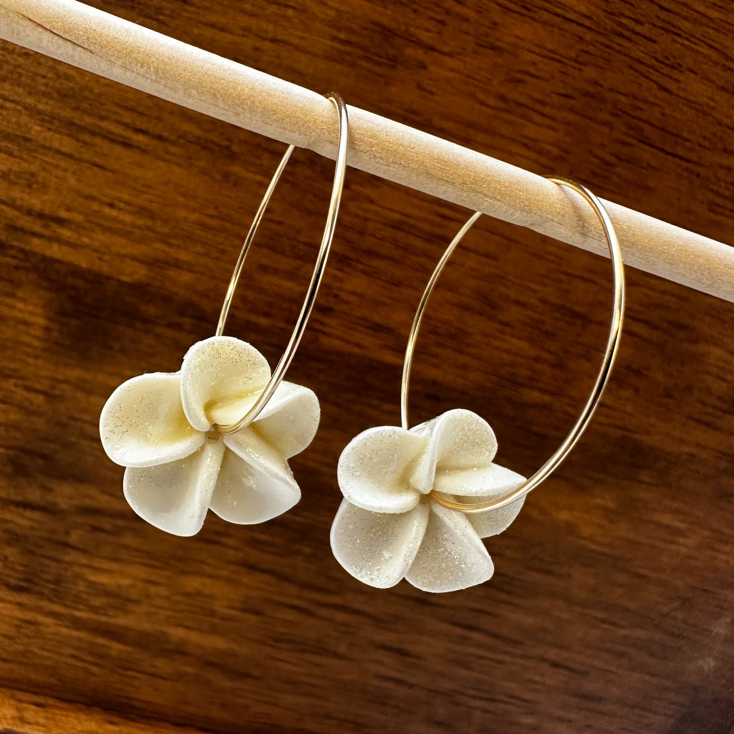Glitter White Plumeria Threader Hoops